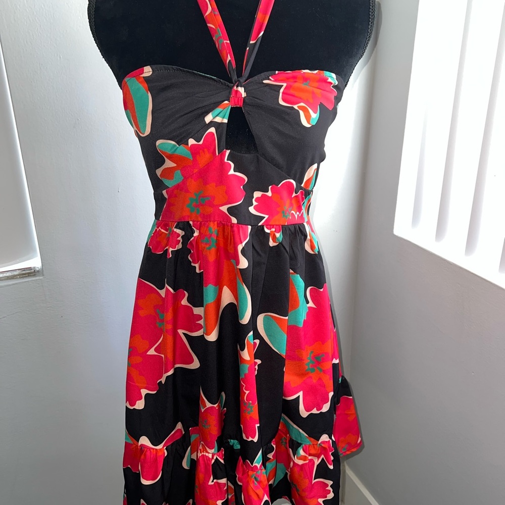 Floral Halter Dress - Black and Red